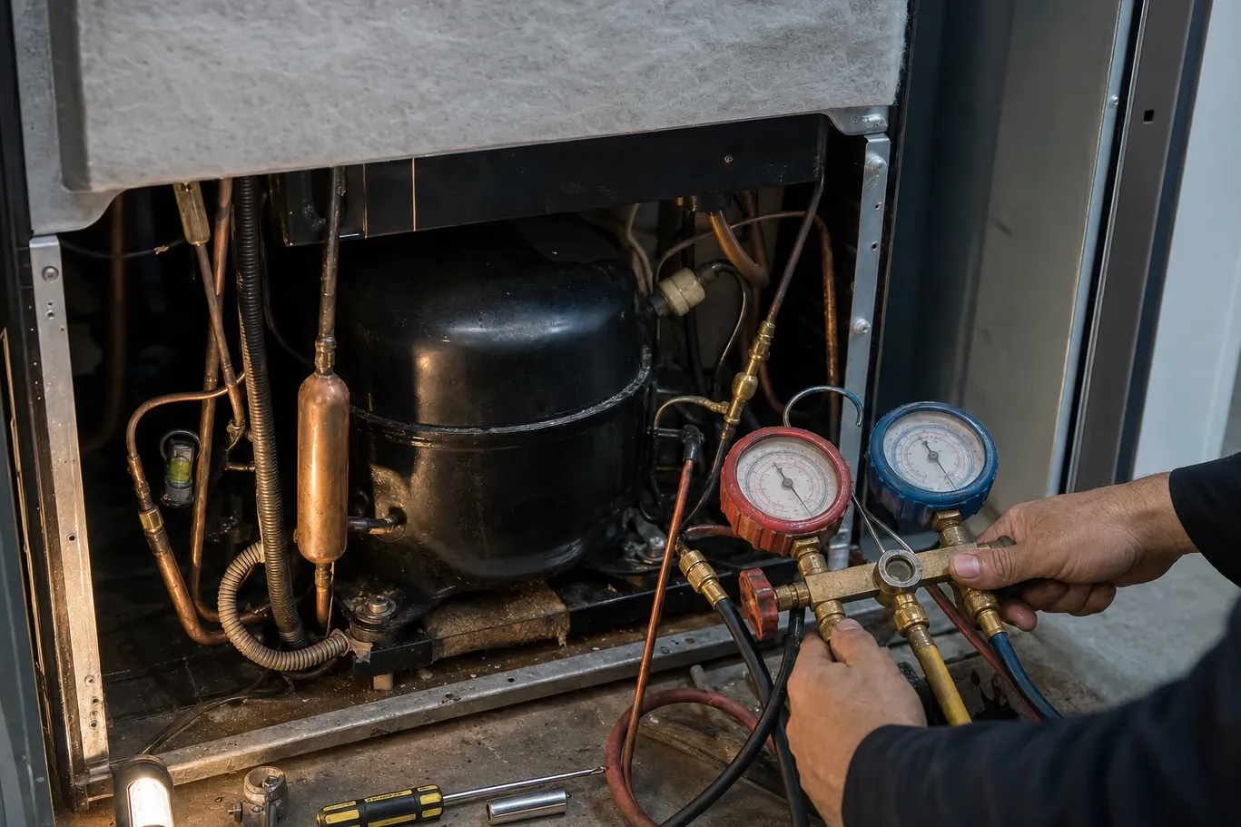 Hand holding manifold gauges at a compressor bay, copper lines and filter drier alongside